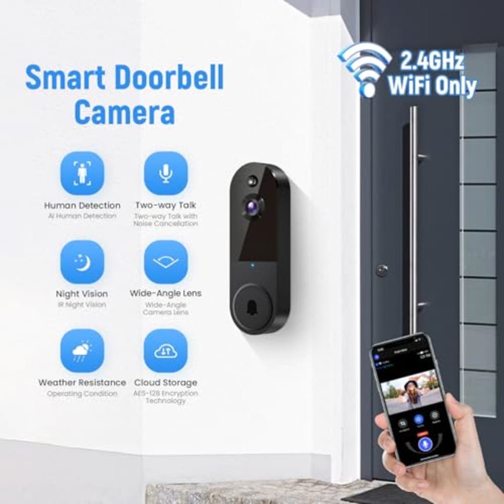 Smart 1080P Wireless Video Doorbell Camera with AI Human Detection – Night Vision, Two-Way Audio, Instant Alerts & Cloud Storage (Black)