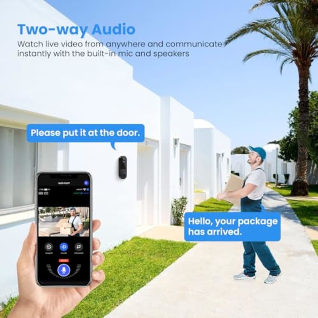 Smart 1080P Wireless Video Doorbell Camera with AI Human Detection – Night Vision, Two-Way Audio, Instant Alerts & Cloud Storage (Black)